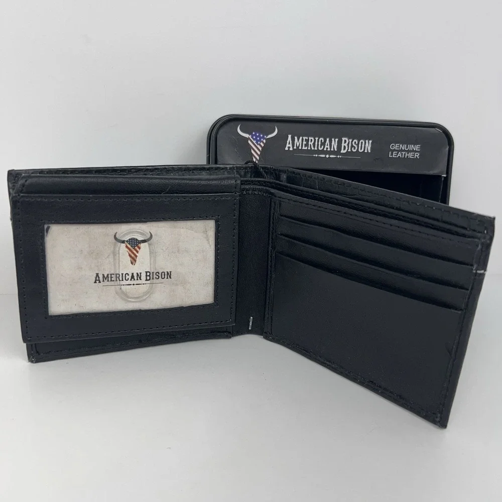 American Bison Genuine Leather Wallet Black Croc Embossed Bifold Metal Logo NEW